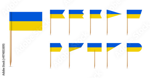 Ukrainian toothpick flags. Wooden toothpicks with paper Ukrainian yellow blue flag. Ukraine support symbol. 3D realistic map pointer. Vector set.