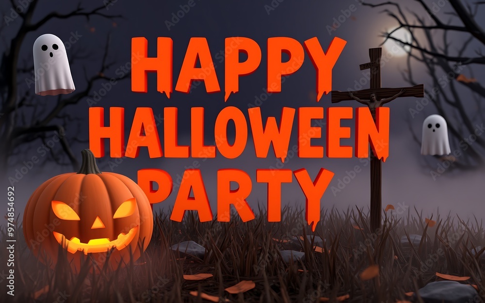 A 3D illustration of a spooky Halloween party with orange pumpkins and ghosts in a dark forest.
A 3D illustration of a spooky Halloween party with orange pumpkins and ghosts in a dark forest.