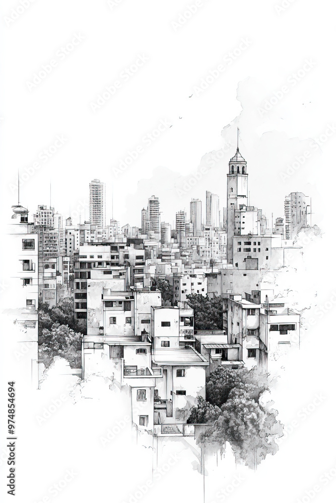Fototapeta premium Santiago de los Caballeros, Dominican Republic, black and white pen pencil hand-drawn effect portrait drawing illustration for travel poster, card, wallpaper, backdrop or banner. Modern, clear