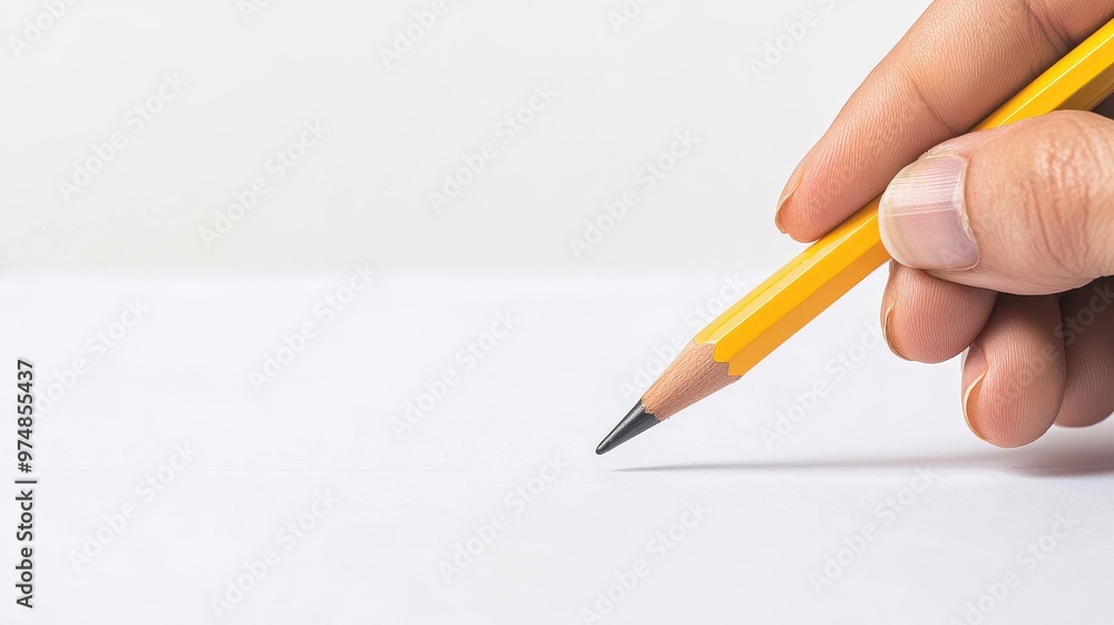 A close-up of a hand gripping a yellow pencil poised above a blank sheet, ideal for creativity, writing, and education concepts. A close-up of a hand gripping a yellow pencil poised above a blank sheet, ideal for creativity, writing, and education concepts.