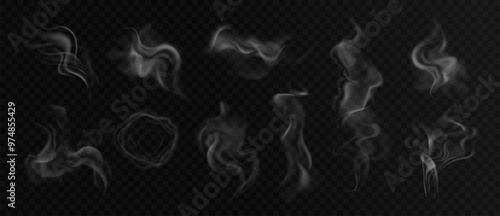 White smoke. Realistic transparent steam. Tea and coffee cup smoke, food steam, vapor cigarette or hookah clouds. 3d Vector illustration.