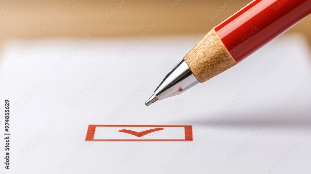 A close-up of a red pen marking a check box, symbolizing task completion and attention to detail in a professional setting. A close-up of a red pen marking a check box, symbolizing task completion and attention to detail in a professional setting.