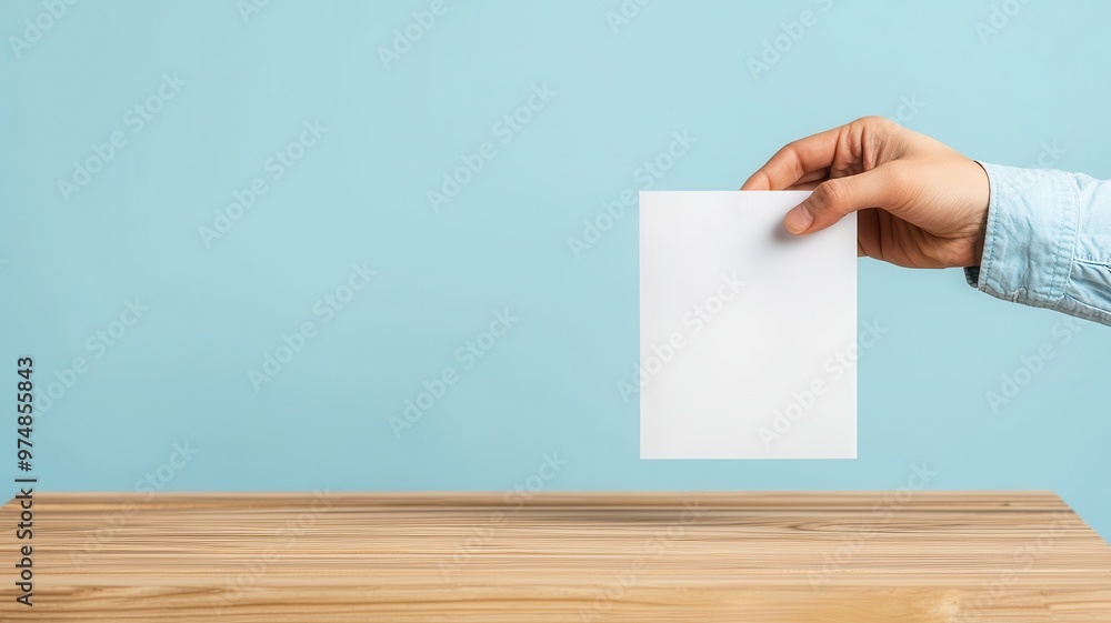 A hand holding a blank paper sheet above a wooden table with a soft blue background, ideal for presentations or designs. A hand holding a blank paper sheet above a wooden table with a soft blue background, ideal for presentations or designs.