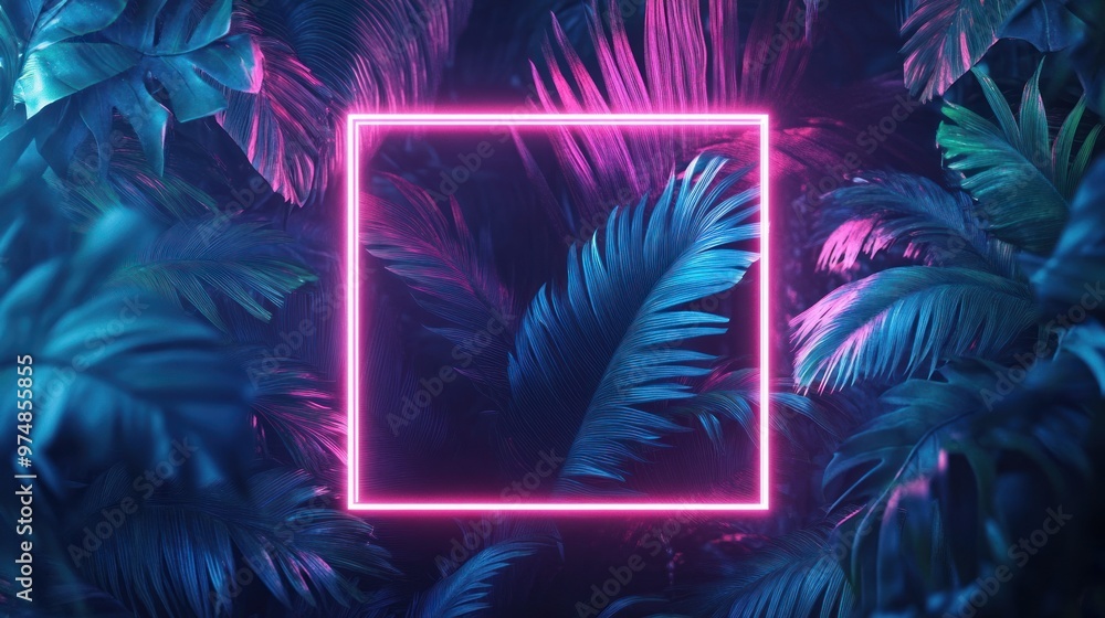 Tropical Leaves with Pink Neon Frame Tropical Leaves with Pink Neon Frame