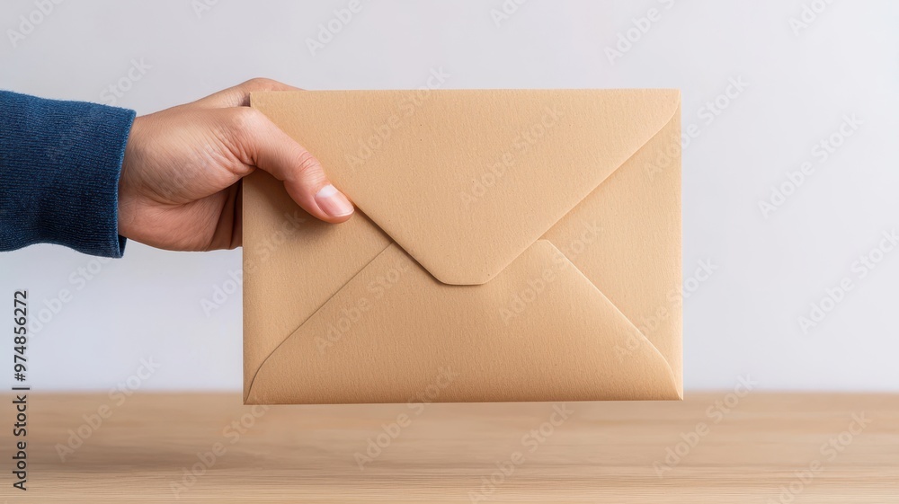 A hand holds a stylish envelope on a wooden table, perfect for sending letters or invitations.