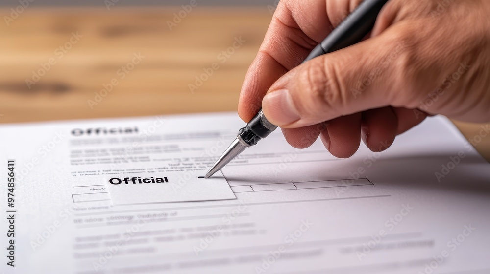 A hand writes on an official document, highlighting the word 'Official' with a pen on a clean, white sheet. A hand writes on an official document, highlighting the word 'Official' with a pen on a clean, white sheet.