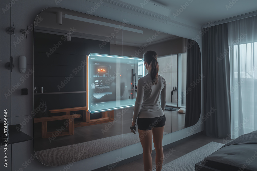 Fototapeta premium A woman interacts with a smart mirror in a modern bedroom, exploring fitness options during morning hours