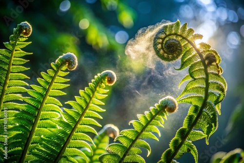 Delicate, intricately patterned fern spores unfurl from verdant fronds, releasing tiny, powdery clouds into the air, photo