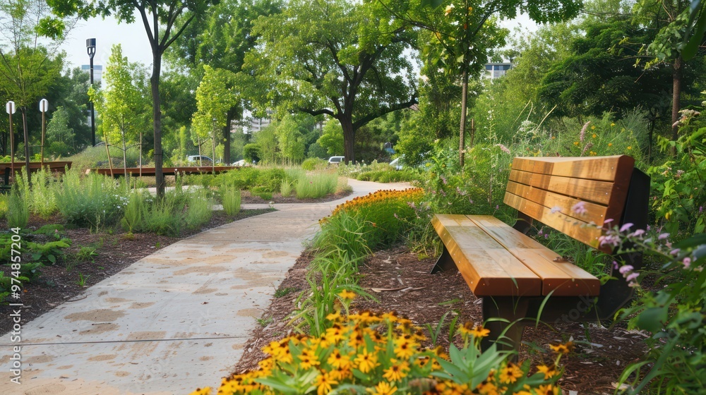 Obraz premium A Rustic Bench in a Tranquil Garden