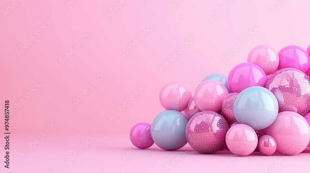 A vibrant display of colorful spheres arranged beautifully on a pink backdrop, perfect for playful or modern design themes. A vibrant display of colorful spheres arranged beautifully on a pink backdrop, perfect for playful or modern design themes.