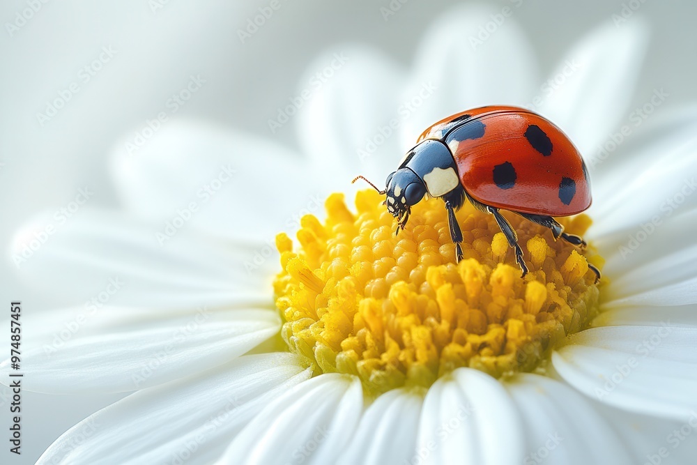A vibrant ladybug perched on a bright yellow flower, showcasing nature's beauty and delicate balance in a serene setting. A vibrant ladybug perched on a bright yellow flower, showcasing nature's beauty and delicate balance in a serene setting.
