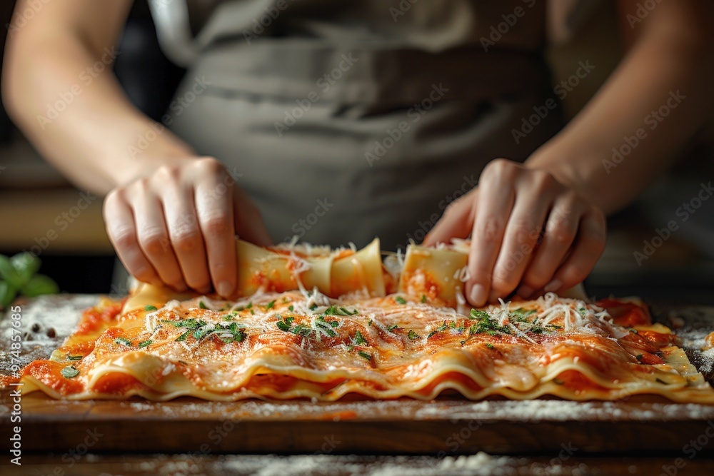 Woman's hands rolling lasagna pasta sheets on a wooden board. Woman's hands rolling lasagna pasta sheets on a wooden board.