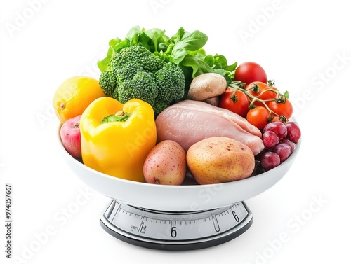 A kitchen scale with food, isolate on white background photo