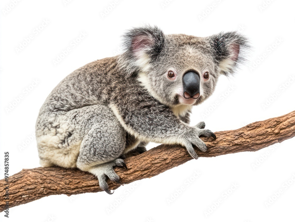 Fototapeta premium A koala sitting on a branch, isolate on white background