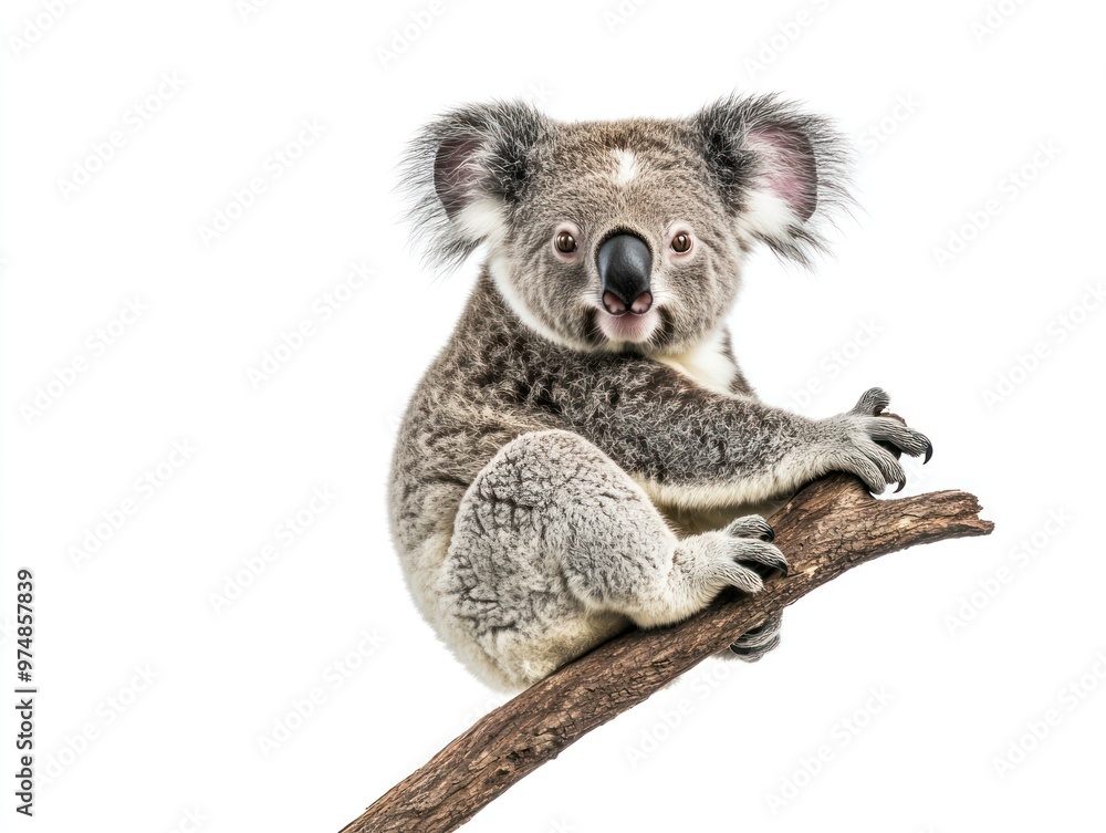 A koala sitting on a branch, isolate on white background A koala sitting on a branch, isolate on white background