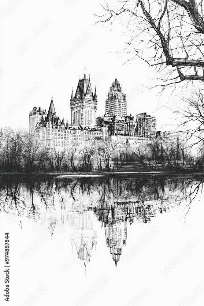 Fototapeta premium Saskatoon, Canada, black and white pen pencil hand-drawn effect portrait drawing illustration for travel poster, card, wallpaper, backdrop or banner. Modern, clear, artistic and simple
