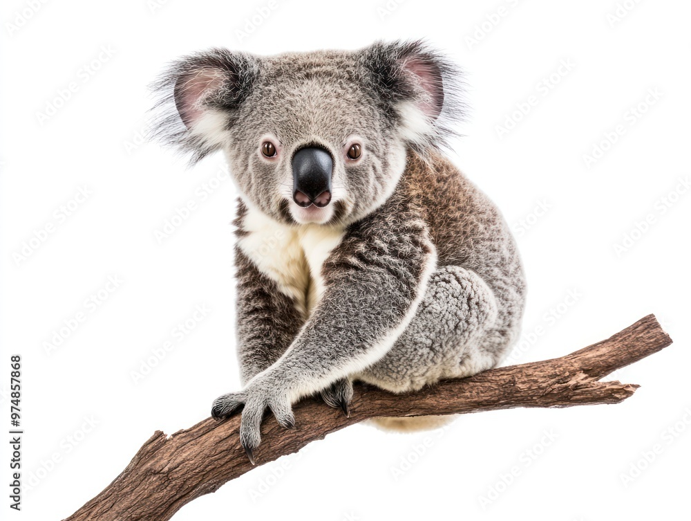 A koala sitting on a branch, isolate on white background A koala sitting on a branch, isolate on white background