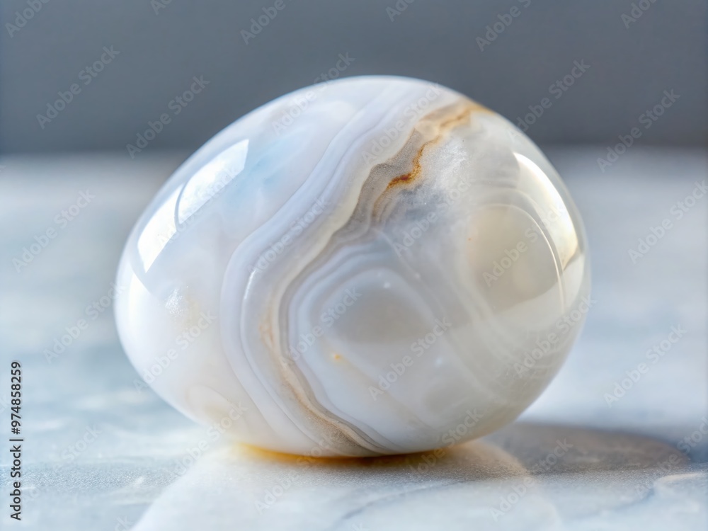 Fototapeta premium Delicate white agate gemstone with subtle grey-blue inclusions and swirling patterns, polished to a high shine, lying