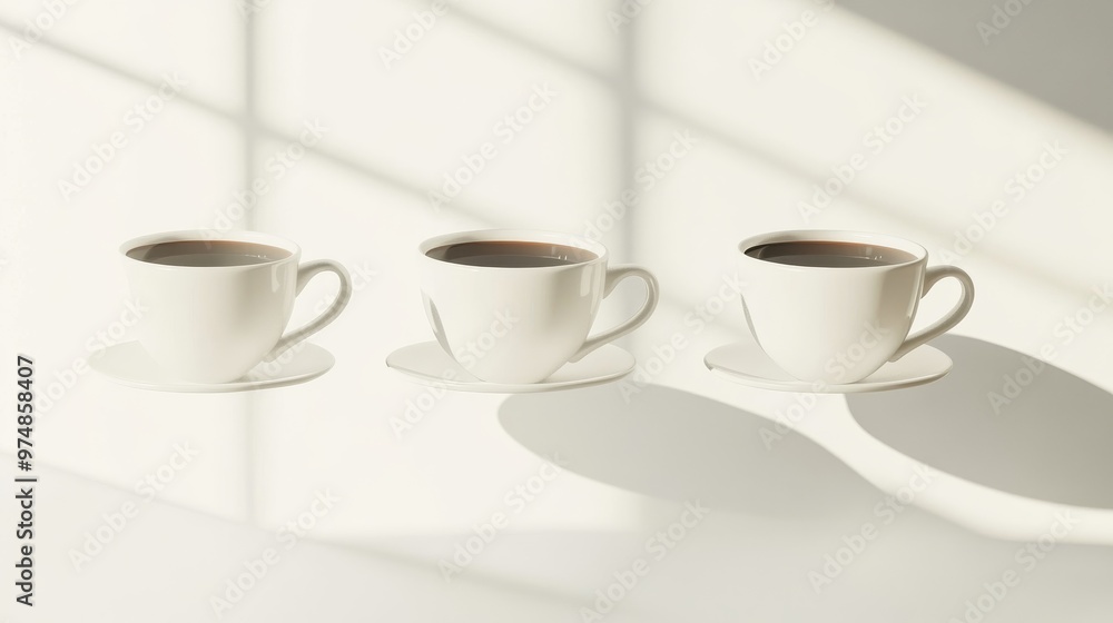Three white coffee cups in sunlight on a white background Three white coffee cups in sunlight on a white background