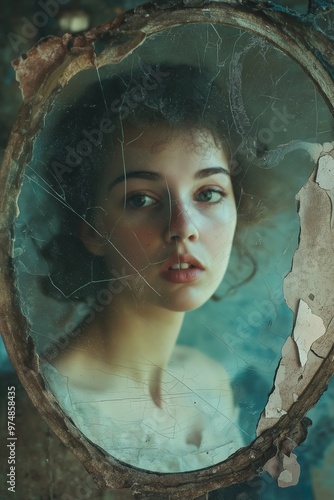 A thoughtful woman's face peers through a cracked antique mirror, capturing the interplay of beauty and imperfection. photo