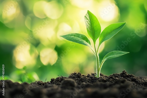 A close-up of a young, vibrant green plant sprouting from dark soil, capturing the essence of new growth and nature's beauty.