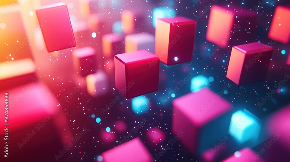 Abstract background with pink and blue cubes and glowing particles. Abstract background with pink and blue cubes and glowing particles.
