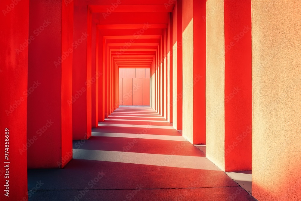 The perspective of a long orange corridor, with sunlight streaming through, creating patterned shadows and highlights. The perspective of a long orange corridor, with sunlight streaming through, creating patterned shadows and highlights.