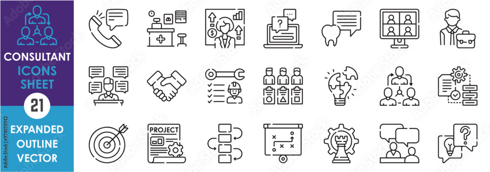 A set of line icons related to Consultant. Business, health, plan, strategy, growth, call, support, advice, handshake, way, target, and so on. Vector outline icons set. A set of line icons related to Consultant. Business, health, plan, strategy, growth, call, support, advice, handshake, way, target, and so on. Vector outline icons set.