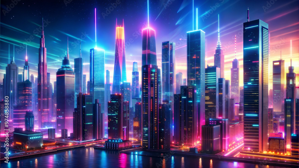 Futuristic city skyline at night with colorful neon lights reflecting on the water Futuristic city skyline at night with colorful neon lights reflecting on the water