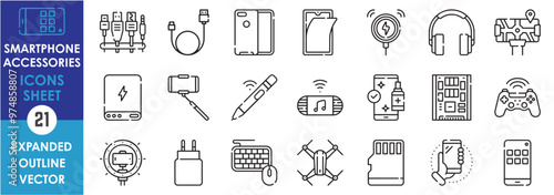 A set of line icons related to Smartphone Accessories. Charger, headphone, wireless, holder, protective, game controller, speaker, wires, and so on. Vector outline icons set.