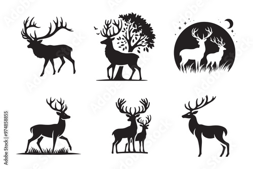 deer silhouettes Illustration logo design template black and white