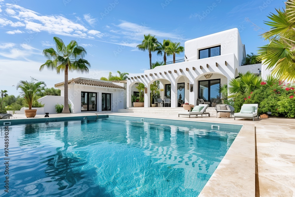 Fototapeta premium Luxurious Mediterranean villa with modern arched design, a sparkling pool, and tropical landscaping, offering a peaceful outdoor retreat under a clear blue sky for ultimate relaxation