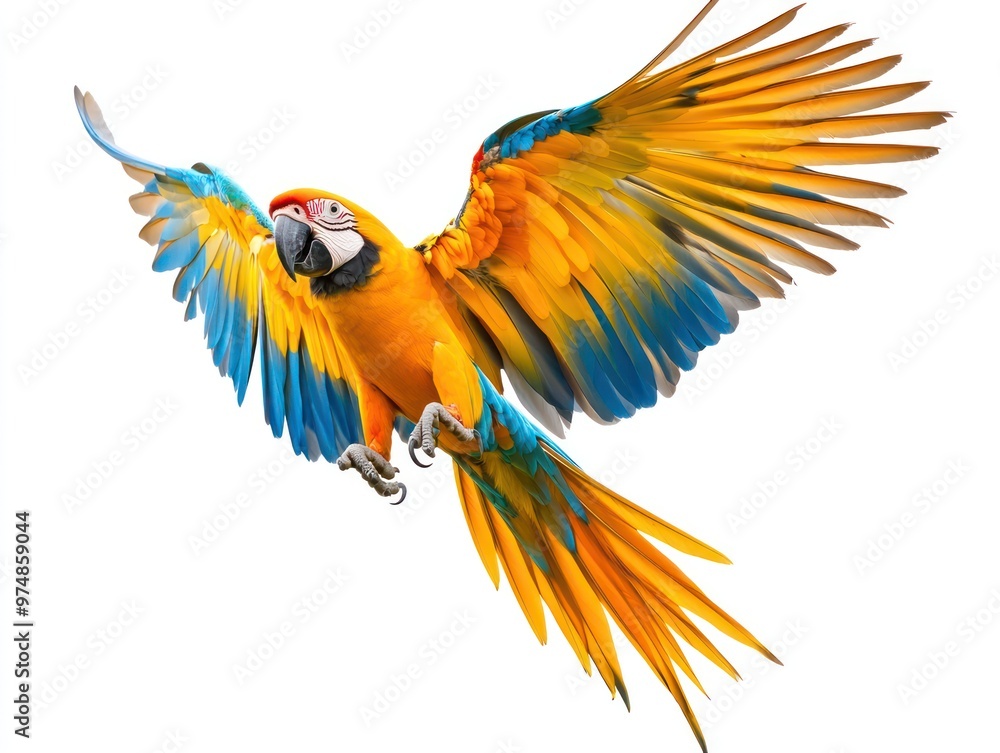Fototapeta premium A parrot flying, wings spread, isolate on white background