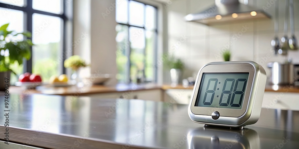Digital kitchen timer displaying 30 minutes, placed on a modern countertop with a blurred background, emphasizing Digital kitchen timer displaying 30 minutes, placed on a modern countertop with a blurred background, emphasizing