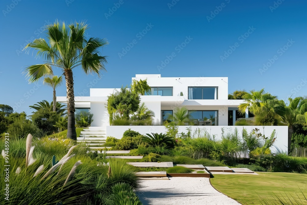 Fototapeta premium Modern Mediterranean villa with minimalist white architecture, surrounded by lush tropical gardens and palm trees, offering a serene and luxurious outdoor retreat under clear blue skies