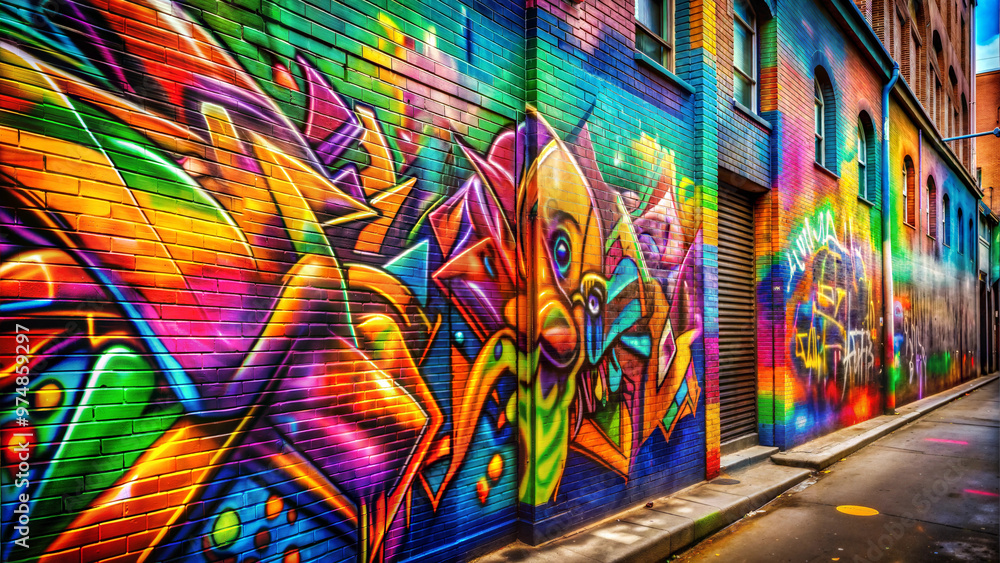 Fototapeta premium Vibrant street art mural on a brick wall in an urban alleyway