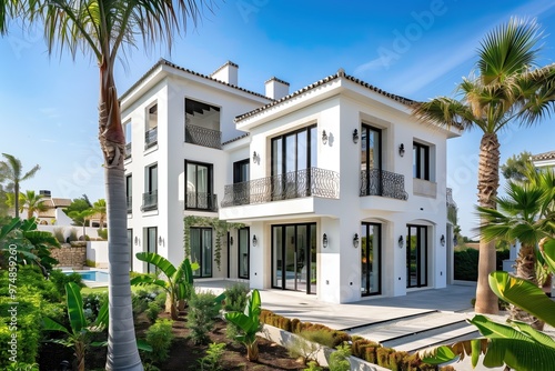 Elegant Mediterranean villa with classic white stucco exterior, wrought iron balconies, lush garden landscaping, and palm trees, combining traditional charm with modern luxury under a clear blue sky