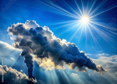 Dramatic, wispy smoke cloud drifts across a bright blue sky, casting a subtle shadow, with sunbeams piercing through photo