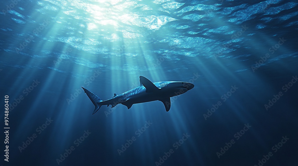 A shark swims through the blue water with sunlight rays beaming down. A shark swims through the blue water with sunlight rays beaming down.