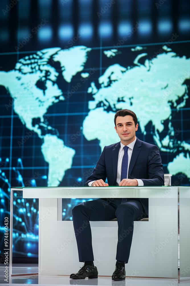Man journalist reporter sit on tv studio Man journalist reporter sit on tv studio