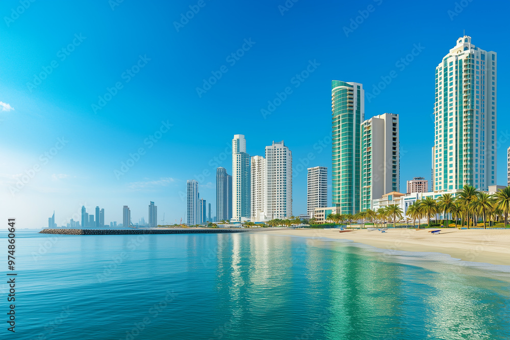 Seafront beach with pier and tall building Seafront beach with pier and tall building