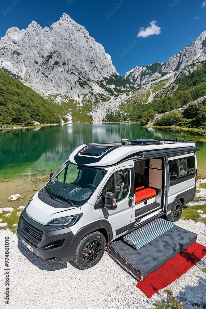 Open door camper van bus parked Open door camper van bus parked