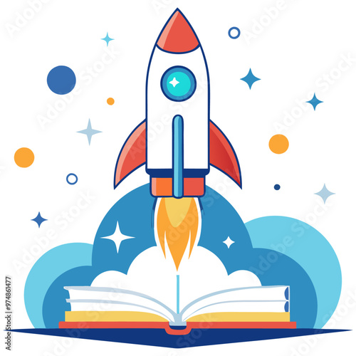 Creative business rocket launching from book, symbolizing innovation and learning