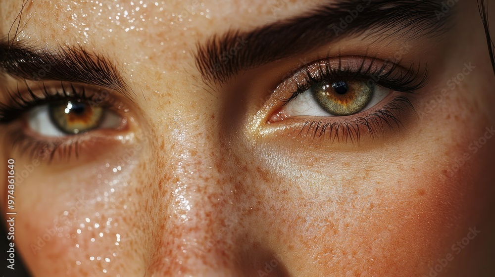Close-up of a woman's eye with freckles and water droplets Close-up of a woman's eye with freckles and water droplets