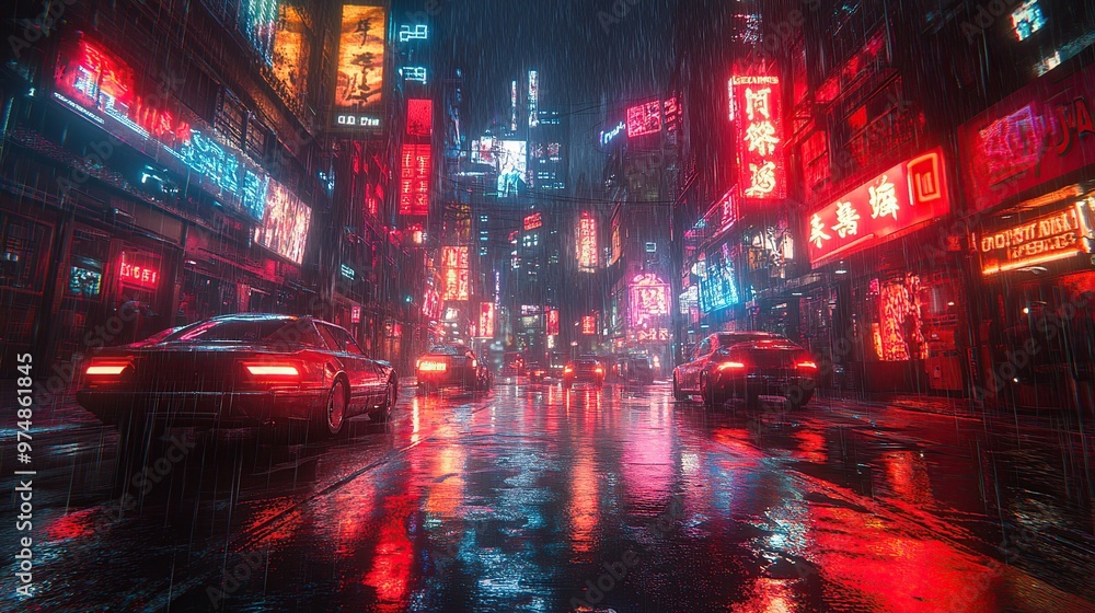 Neon lights reflect off the wet pavement in a futuristic cyberpunk city street. Neon lights reflect off the wet pavement in a futuristic cyberpunk city street.