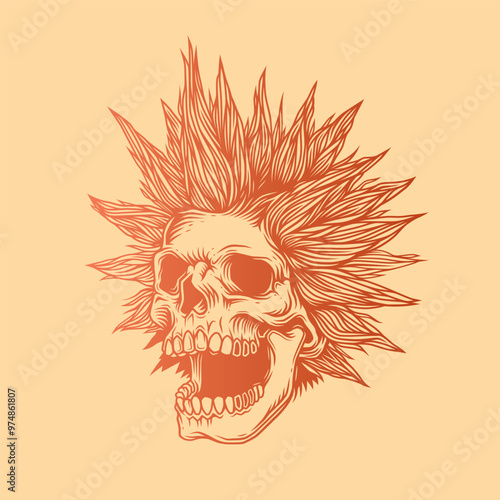 A skull with an open mouth and a punk rock hairstyle. T-shirt design, stickers, print.