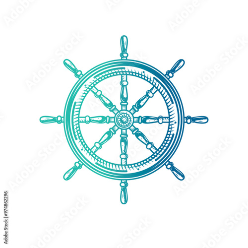 Wooden steering wheel. Old steering wheel with handles for steering a pirate boat and a cruise yacht. Original vector illustration in vintage style isolated on white background. T-shirt design.