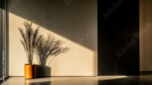 Serene empty living room corner with warm lighting, no furniture and minimal decor. Residential Real Estate interior design composition.