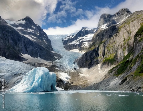 Icy Glaciers Carving Through Majestic Mountains, Showcasing Nature's Power photo