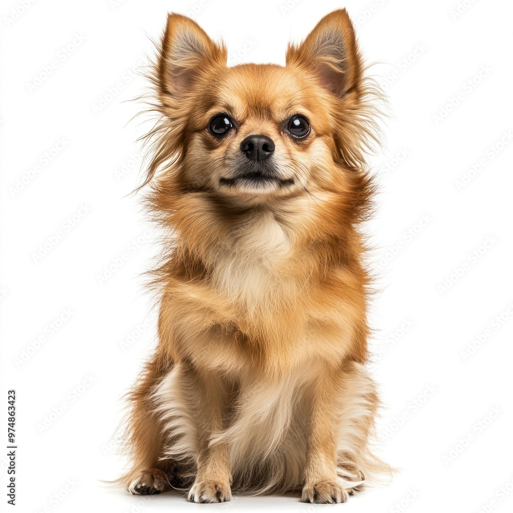 A small dog with fluffy fur sitting, isolate on white background A small dog with fluffy fur sitting, isolate on white background